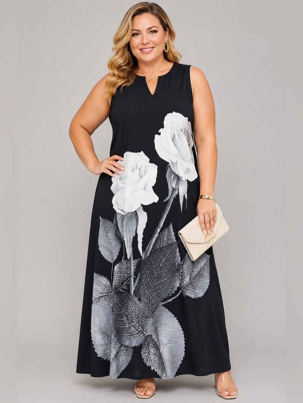 SHEIN Black w/ White roses Maxi sleeveless dress. Size XXL